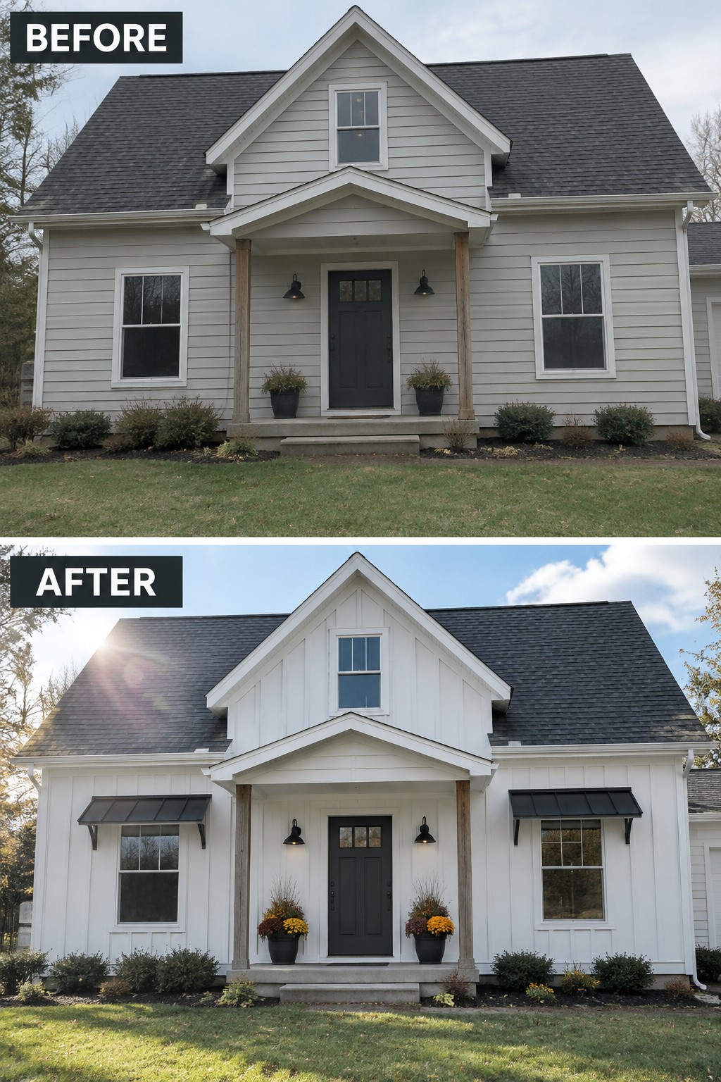 Before and after house exterior painted white with black awnings and colorful planters