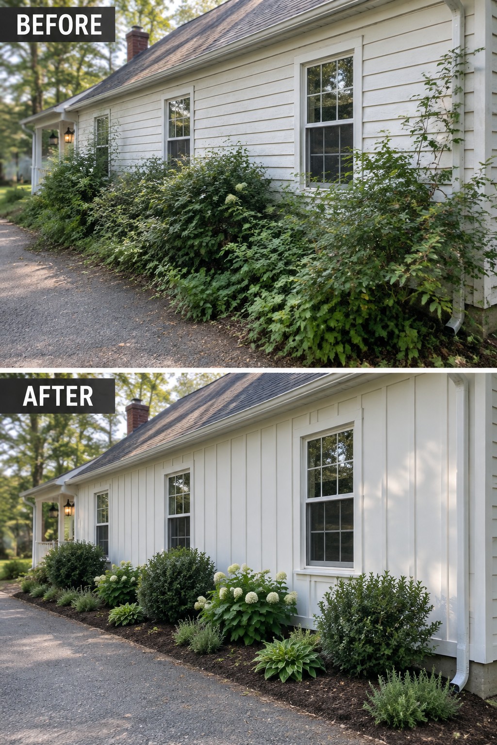 Before and after of overgrown shrubs replaced by tidy plants along white house.