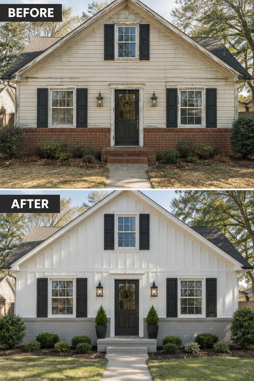 Before-and-after image of a house exterior updated with white board and batten siding, painted brick base, black shutters, and added potted plants.