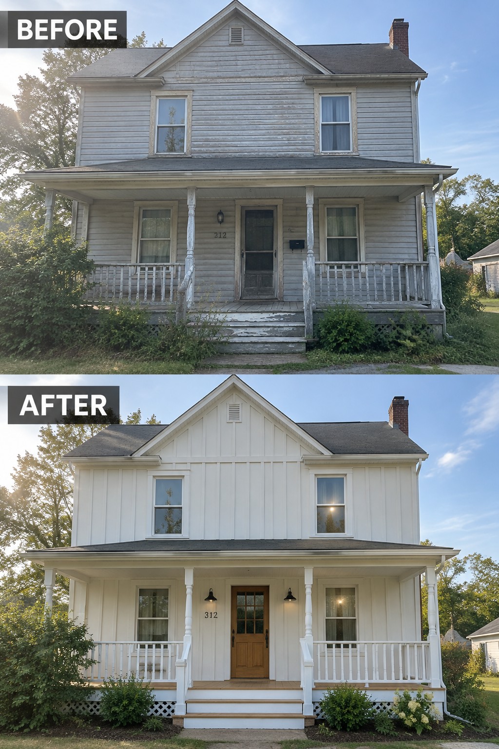 Before-and-after view of a two-story house repainted from gray to white with porch updates.
