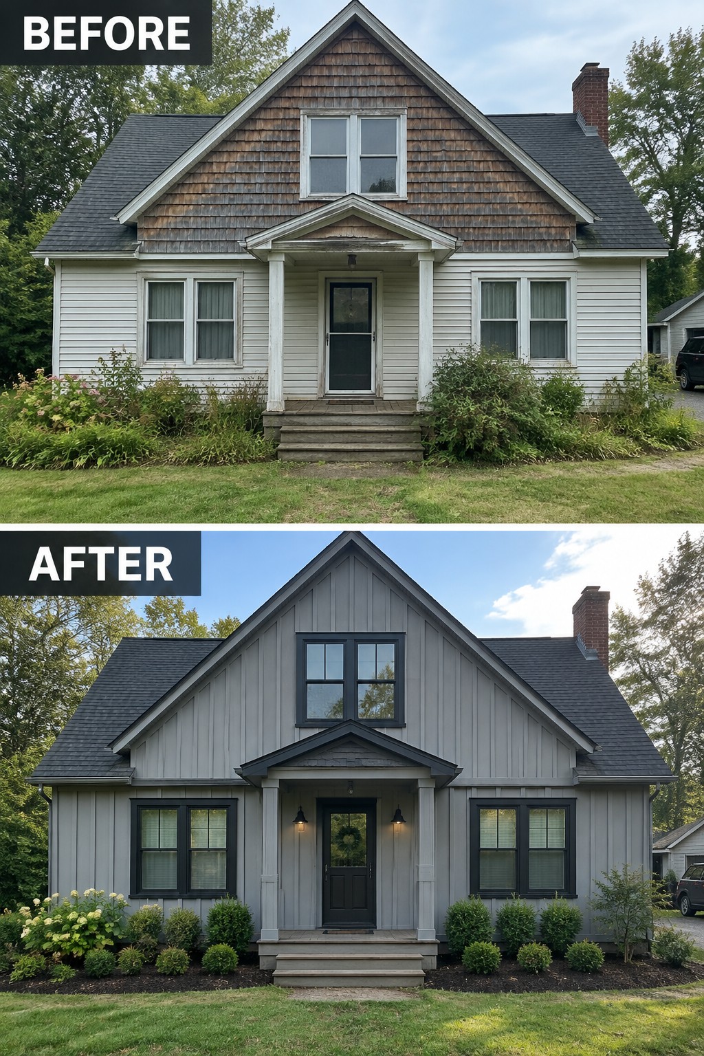 Before-and-after house exterior: white to gray siding, black trim, updated landscaping and porch.