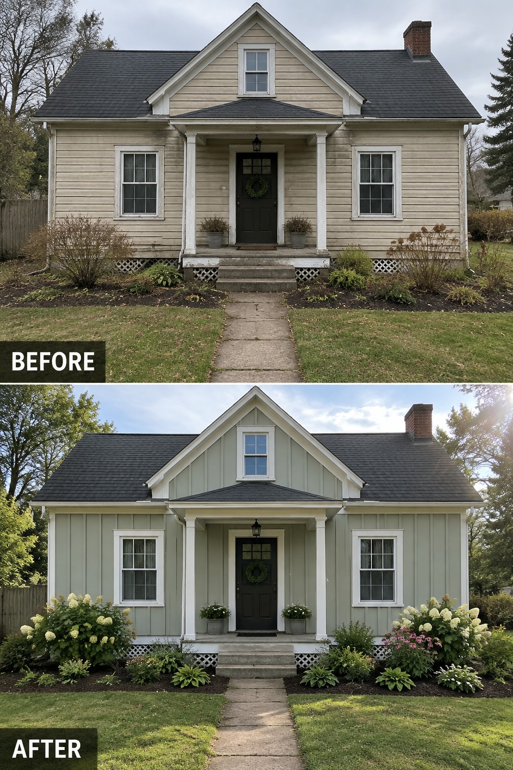 Before-and-after house views: beige siding above, sage green paint with lush flowers below