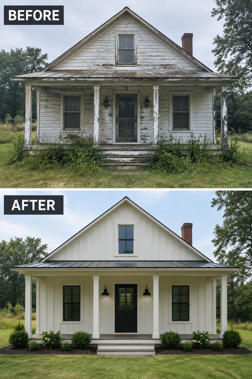 Before-and-after image of a weathered white farmhouse exterior updated with board and batten siding, a black door, and fresh landscaping.