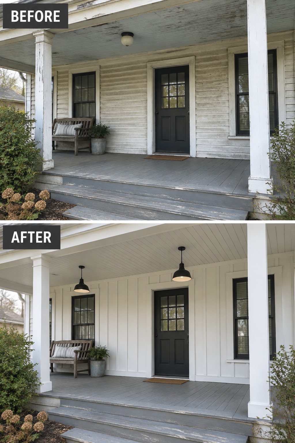 Before-and-after image of a weathered house porch updated with white board and batten siding and new pendant lights.