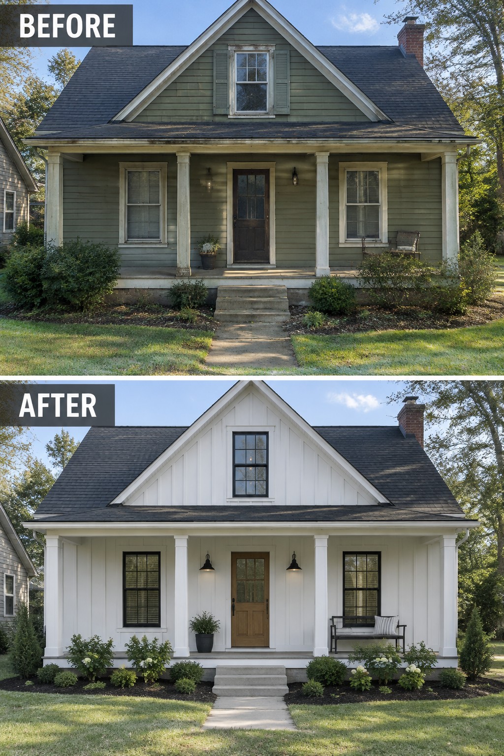 Before-and-after image of a house exterior changed from green horizontal siding to white board and batten siding with updated trim, door, and windows.