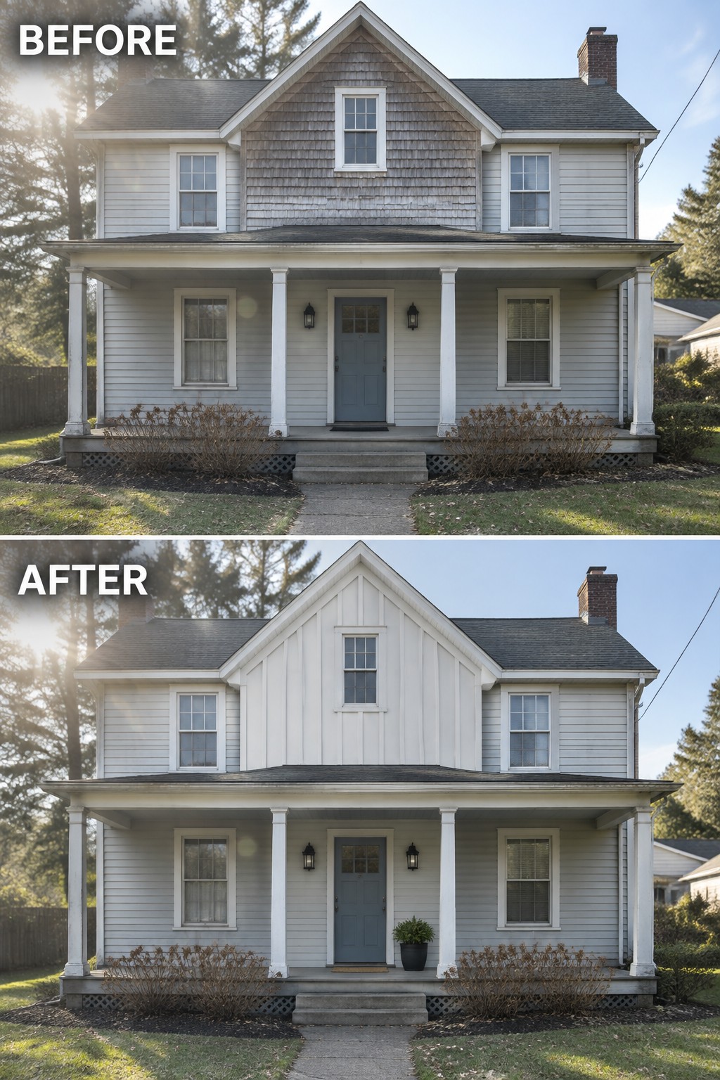 Before and after of two-story house with porch, upper siding painted white.