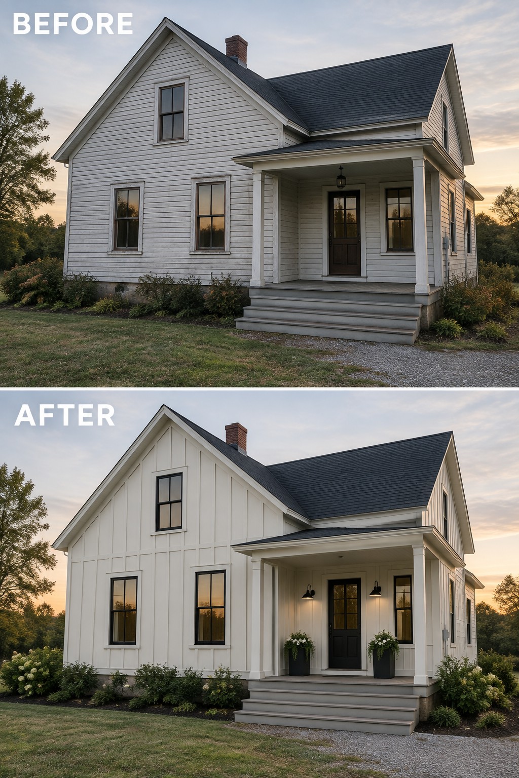 Before-and-after image of a farmhouse exterior updated with board and batten siding, a black front door, and porch planters.