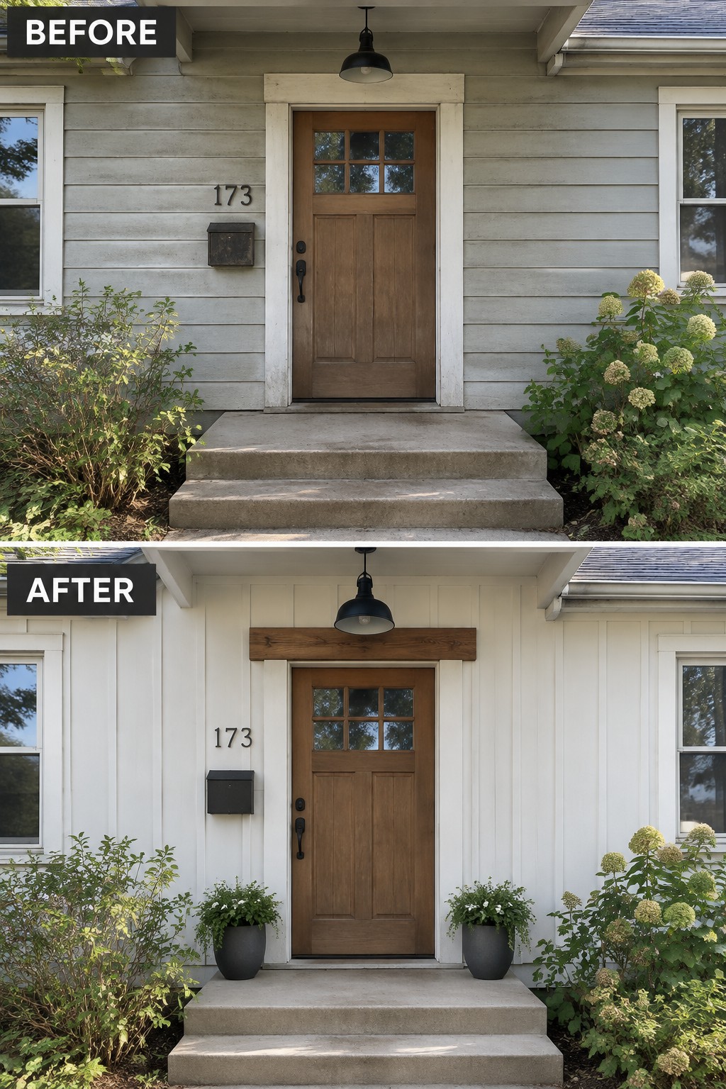 Before-and-after house entrance with white siding, wooden beam, and potted plants