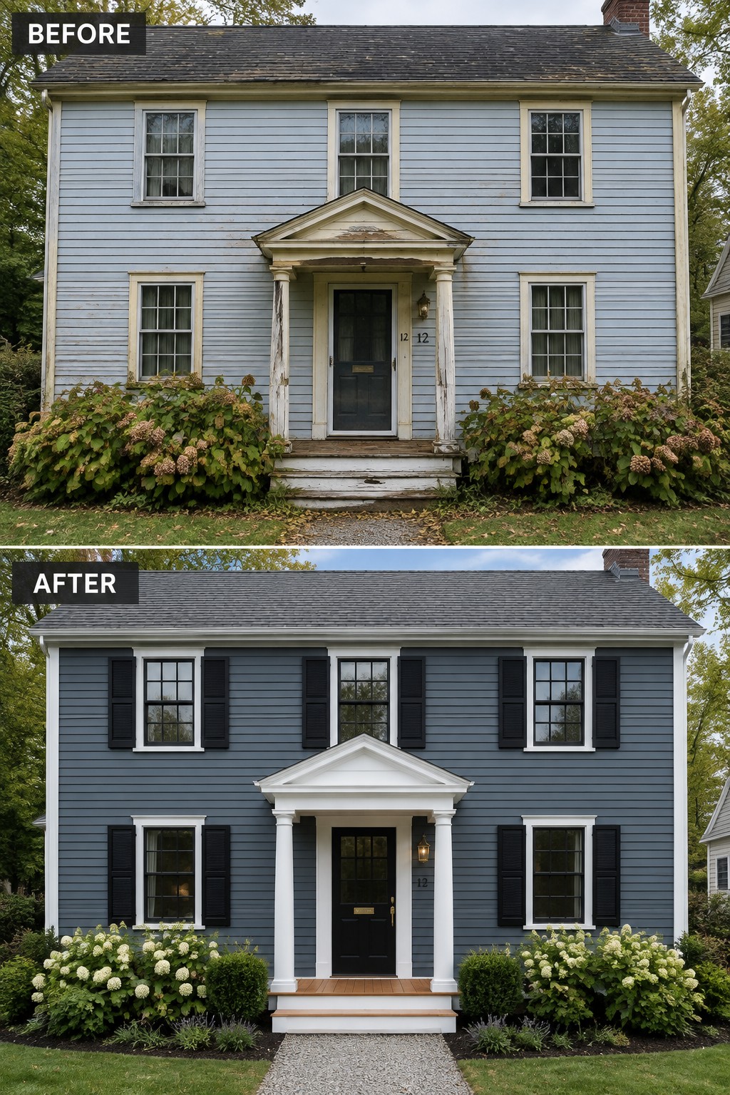 Before-and-after image of a federal colonial house exterior updated with dark gray siding, black shutters, and white trim.