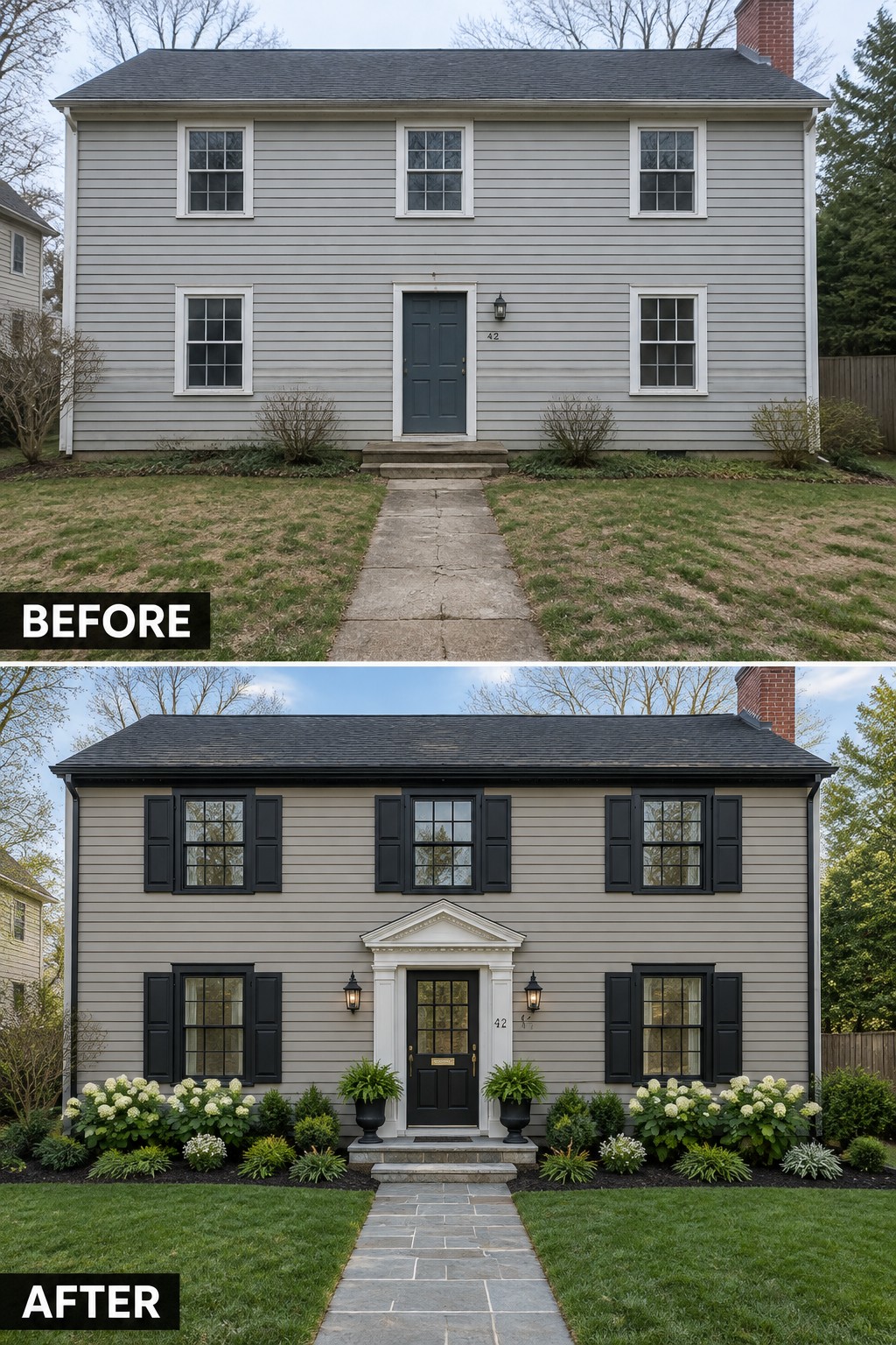 Before and after of gray two-story house with black shutters, stone path, and landscaping