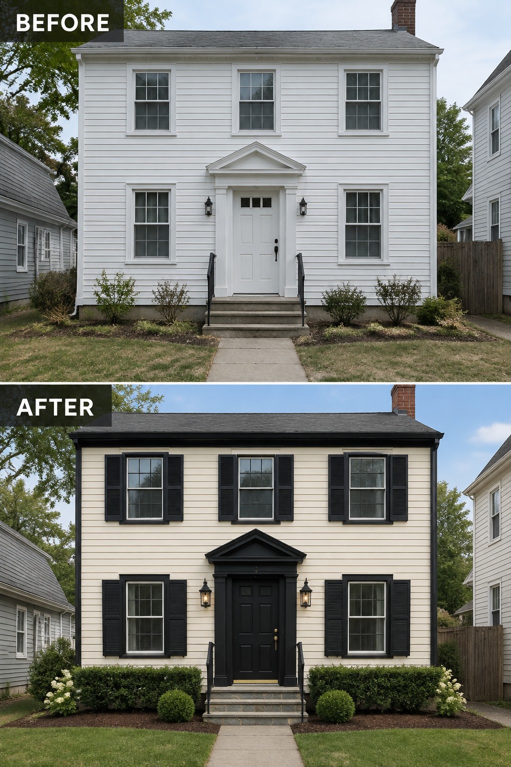 Before-and-after two-story house with black shutters, door, trim, and enhanced landscaping