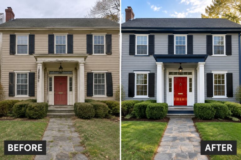 24 Bold Federal Colonial Exterior Makeovers Using Contrasting Trim Colors Before and after house exterior: beige siding to gray with blue trim and red door.