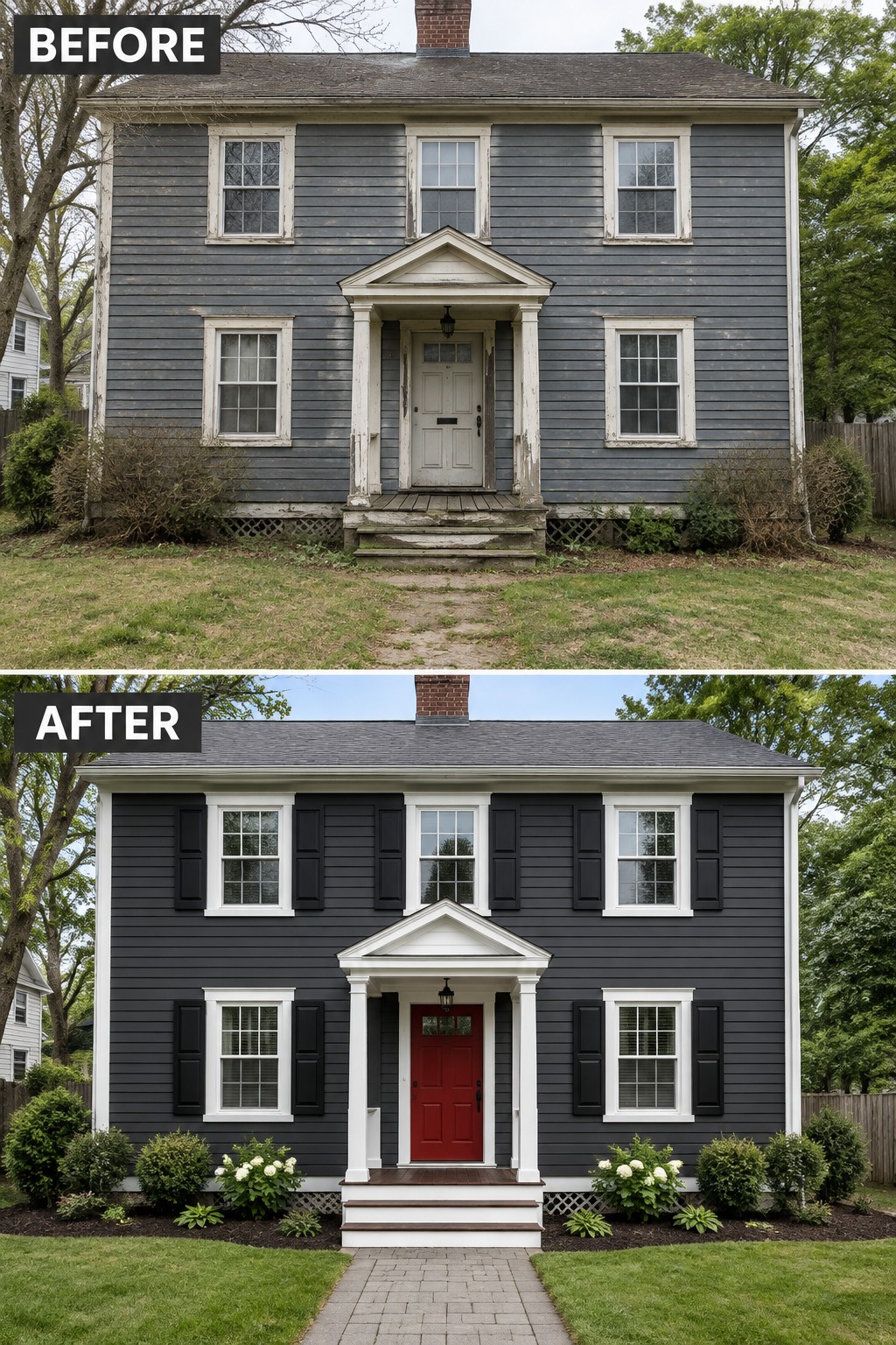 Before-and-after view of two-story house with new black paint, red door, and landscaping.