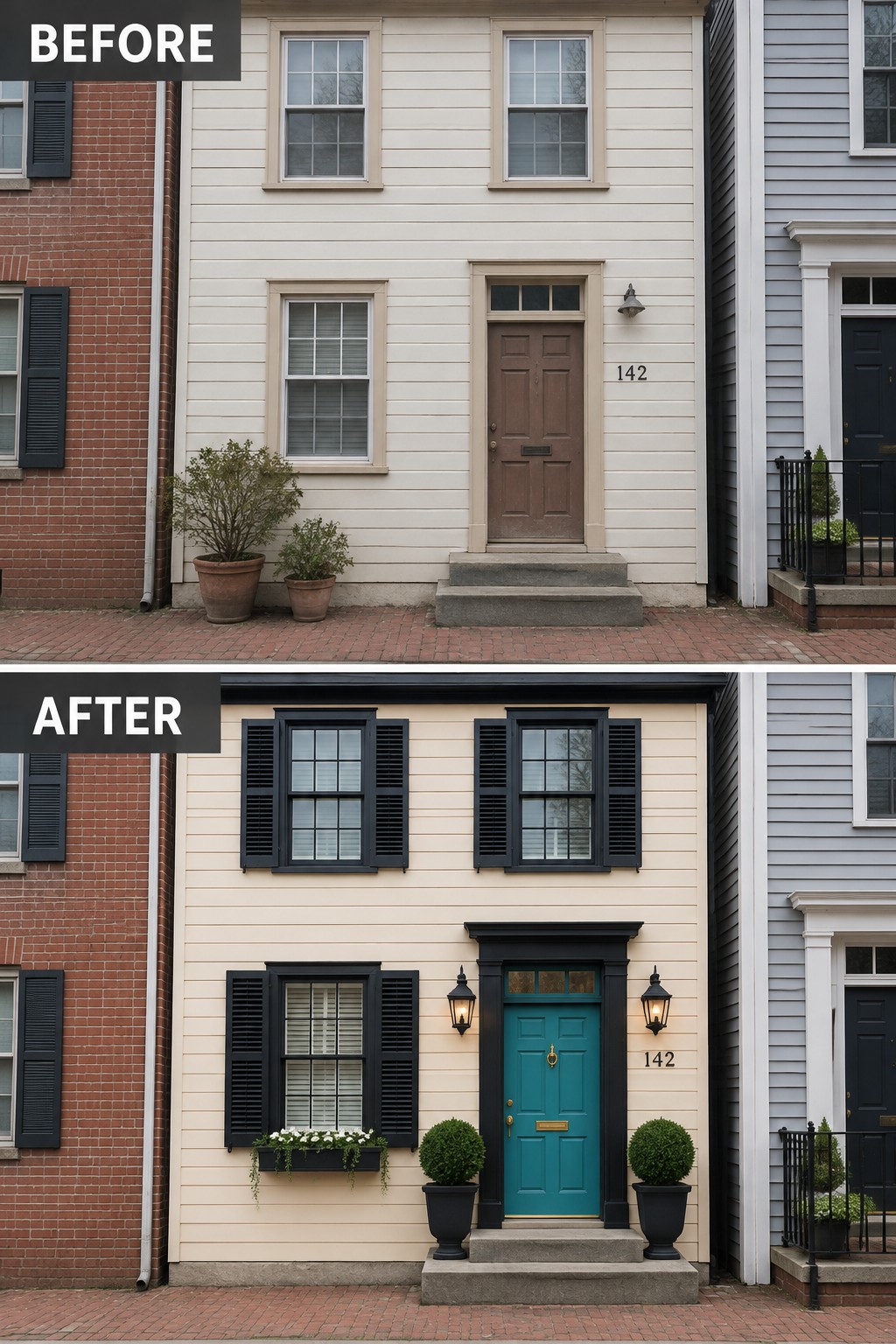 Before-and-after image of a Federal Colonial house exterior updated with black shutters, black door trim, and a teal front door.