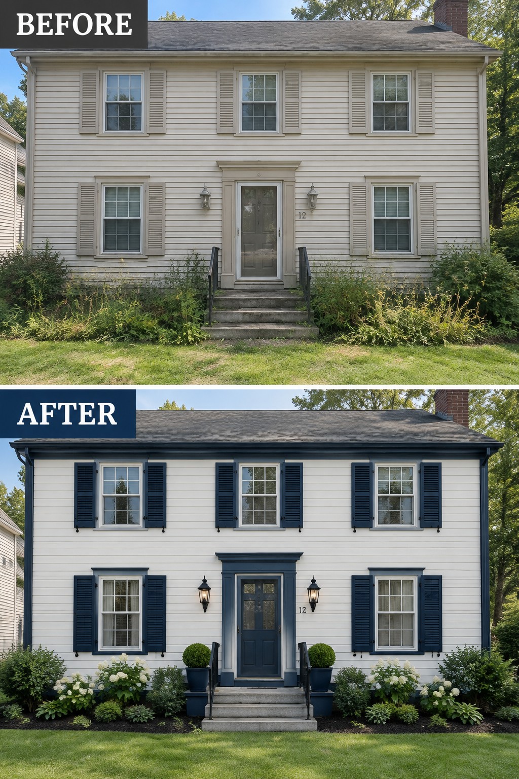 Before and after panels of house with beige-to-white siding and navy blue shutters update.
