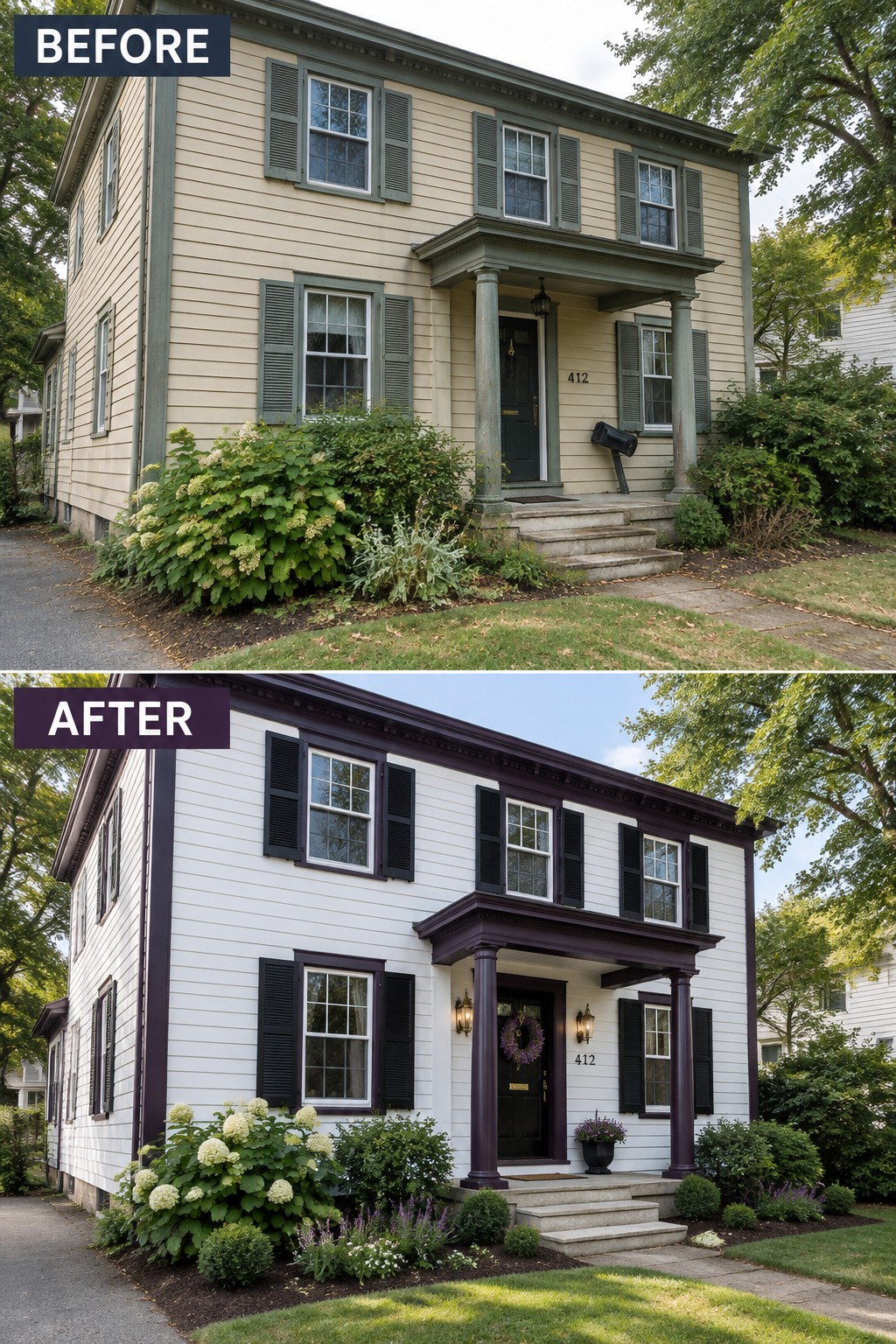 Before-and-after views of a two-story house repainted white with dark trim.