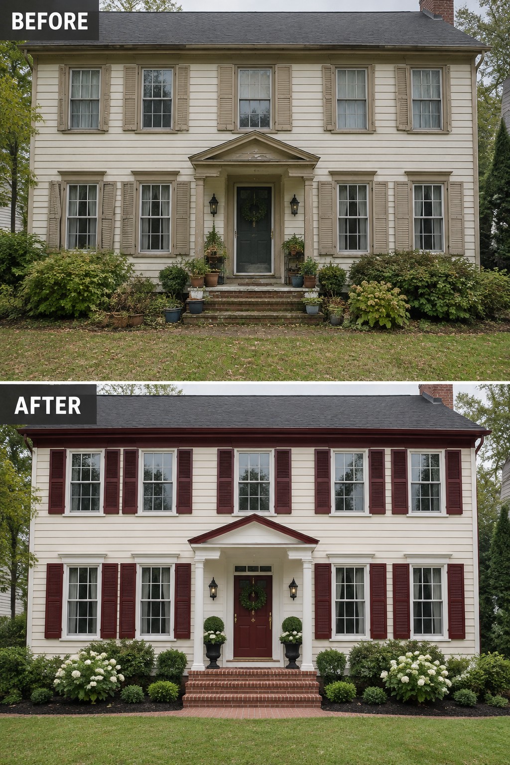 Before-and-after image of a Federal Colonial house with beige shutters and trim changed to bold red shutters, red door, and red roof trim against white siding.