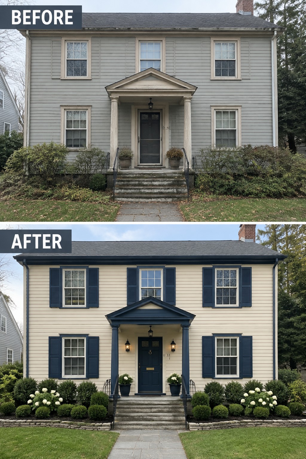 Before-and-after image of a two-story Federal Colonial house changed from gray siding with matching trim to a light body color with dark blue shutters, columns, and front door.