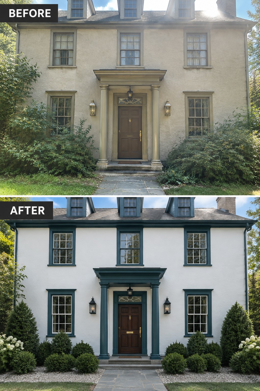 House exterior before-and-after: beige walls with overgrown bushes, then white paint and manicured shrubs