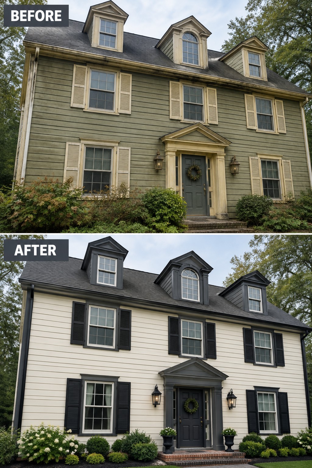 Before and after of two-story house repainted from green to white with black trim.