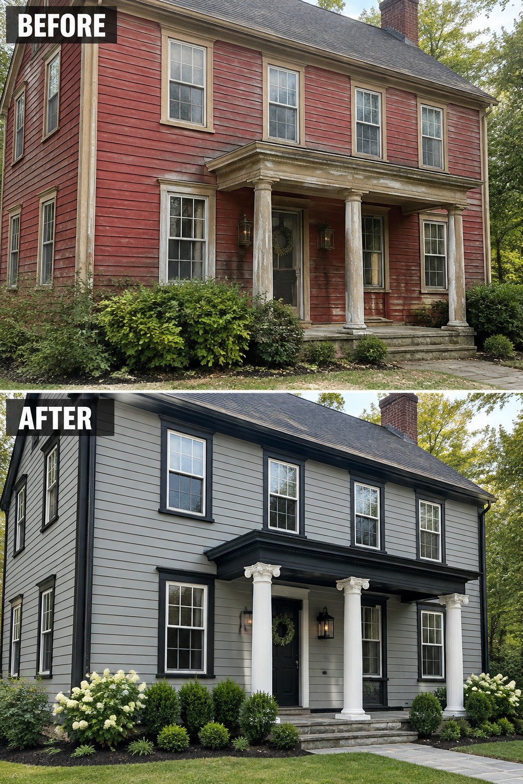 Before-and-after image of a Federal Colonial home changed from red siding with faded trim to gray siding with black trim and white columns.