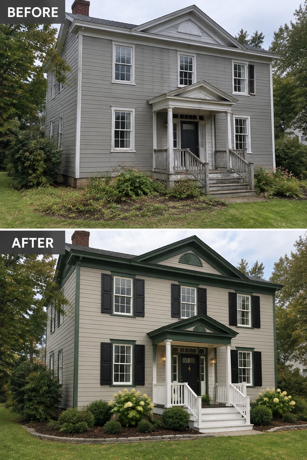 Before and after of a two-story house with fresh paint, shutters, and landscaping.