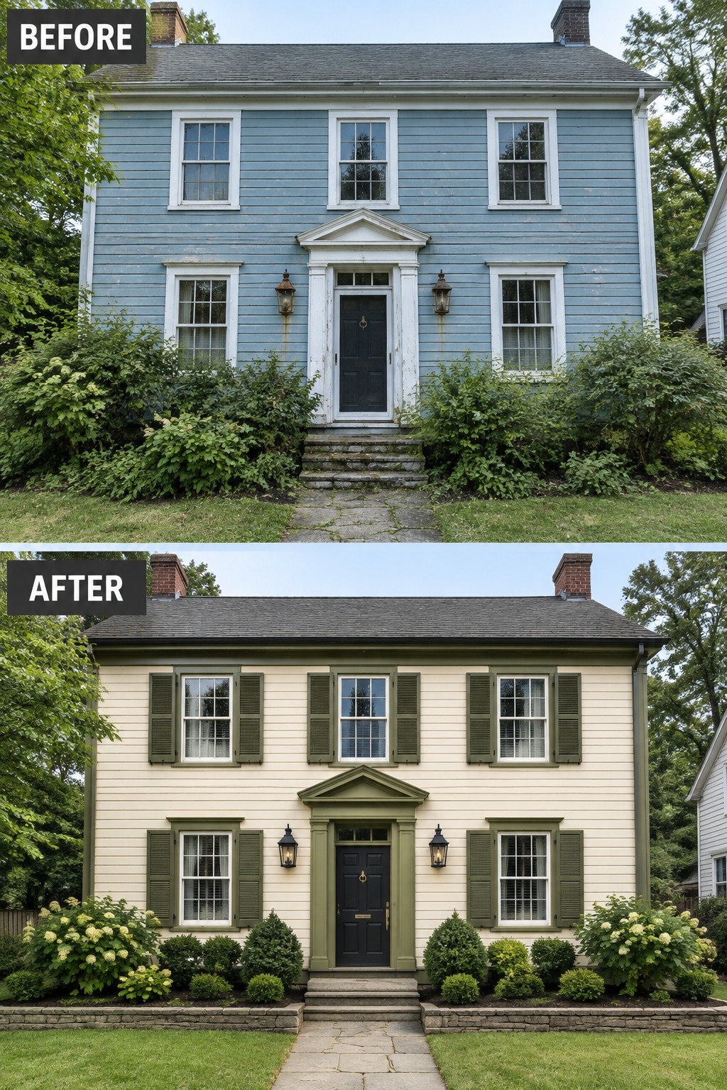 Before and after of two-story house repainted from blue to cream with green shutters and landscaping