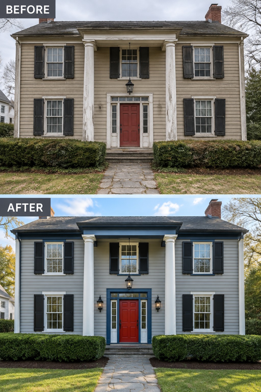 Before and after house exterior: beige siding to gray with blue trim and red door.