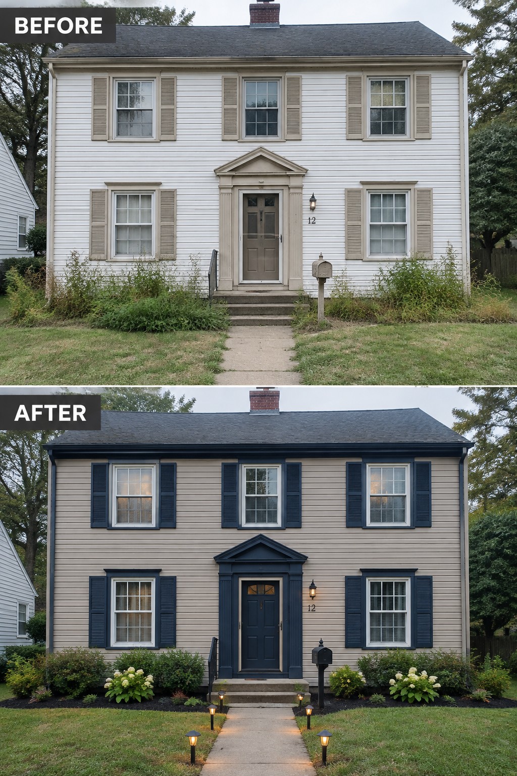 Before-and-after views of two-story house with new beige paint, navy shutters, door and landscaping.