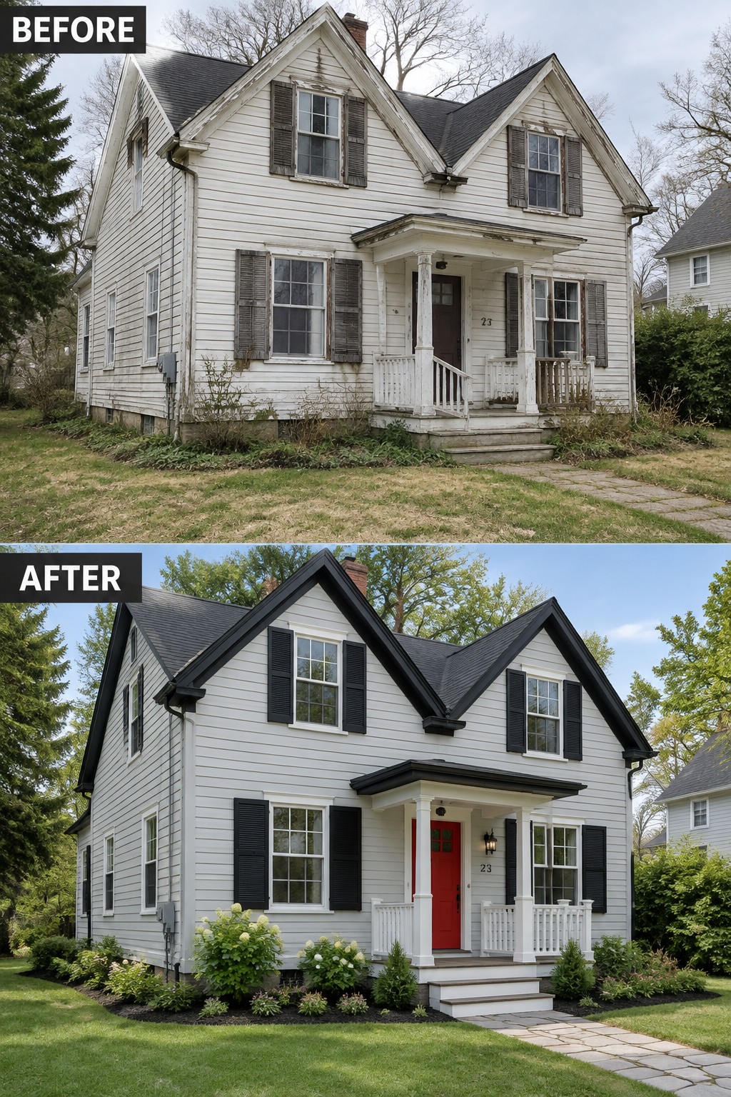 Before and after of white house with black trim, red door, and landscaped garden