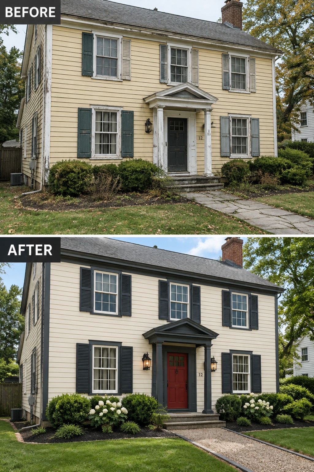 Before and after views of two-story house with new paint, red door, and landscaping
