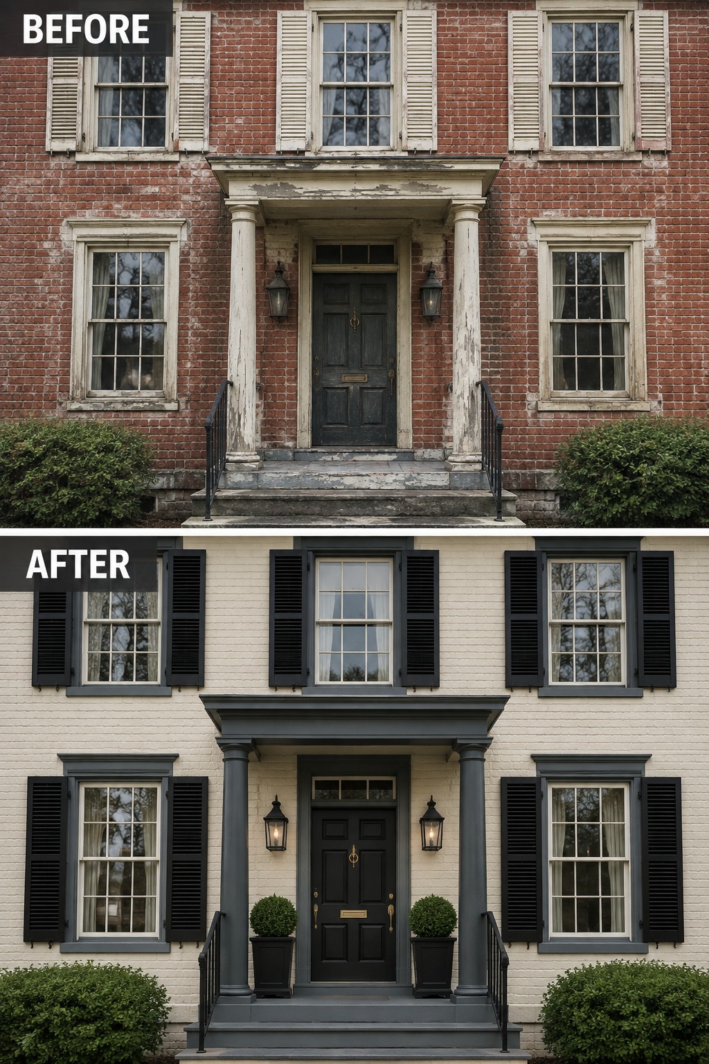 Before and after of red brick house renovated white with black shutters and gray trim