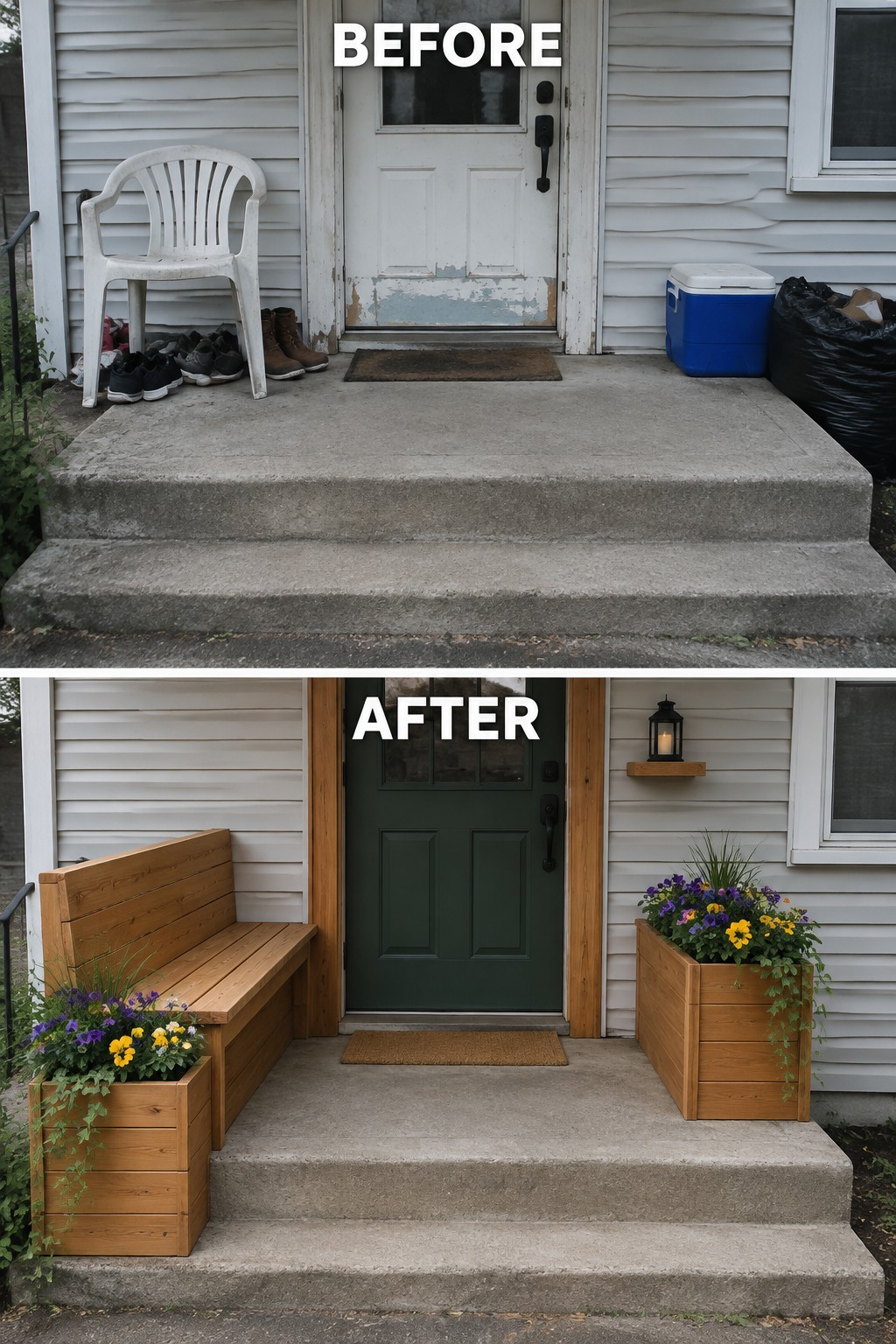 Front porch before-and-after with green door, wooden bench, and flower planters
