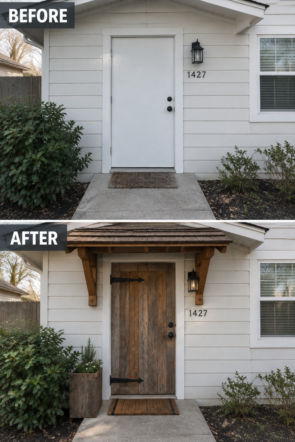 Before and after of house entrance with white door replaced by rustic wood door and awning