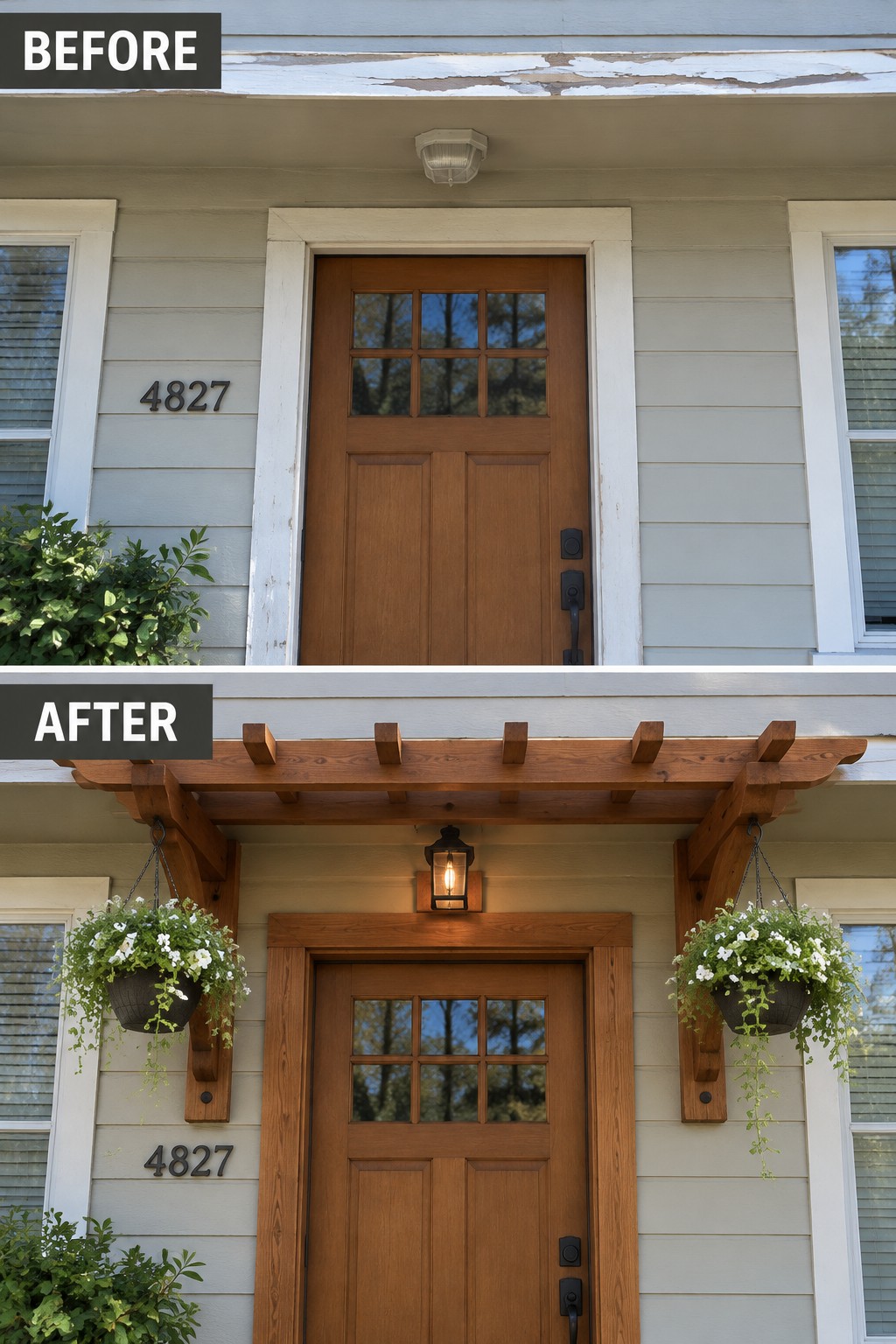 Before-and-after image of a front door entry updated with a wooden pergola, hanging planters, and new lighting.