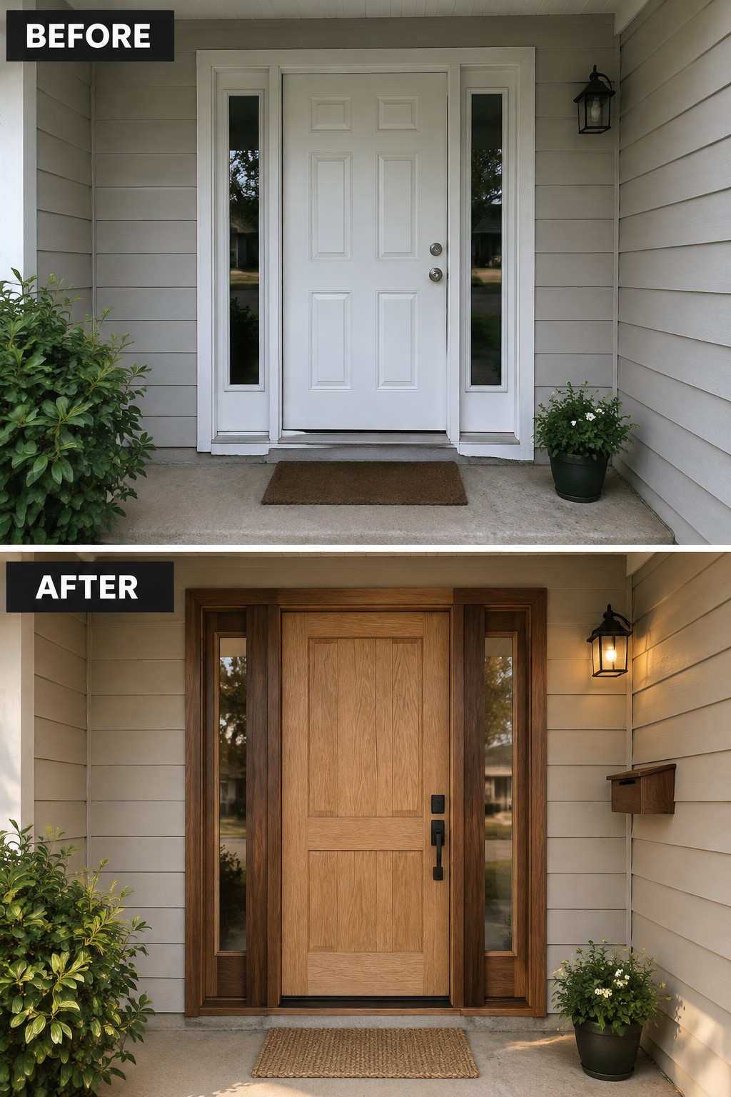 Before-and-after image of a white front door with sidelights updated with dark wood framing and new hardware.