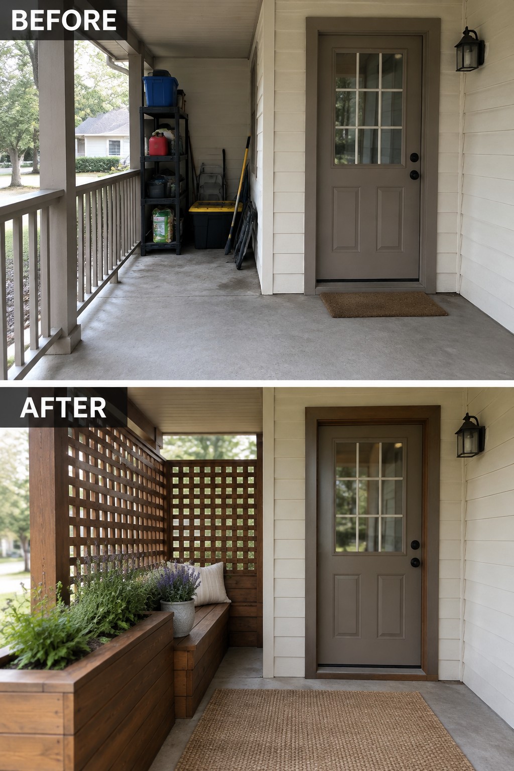 Porch before-and-after: cluttered storage transformed into wooden bench nook with plants and rug.