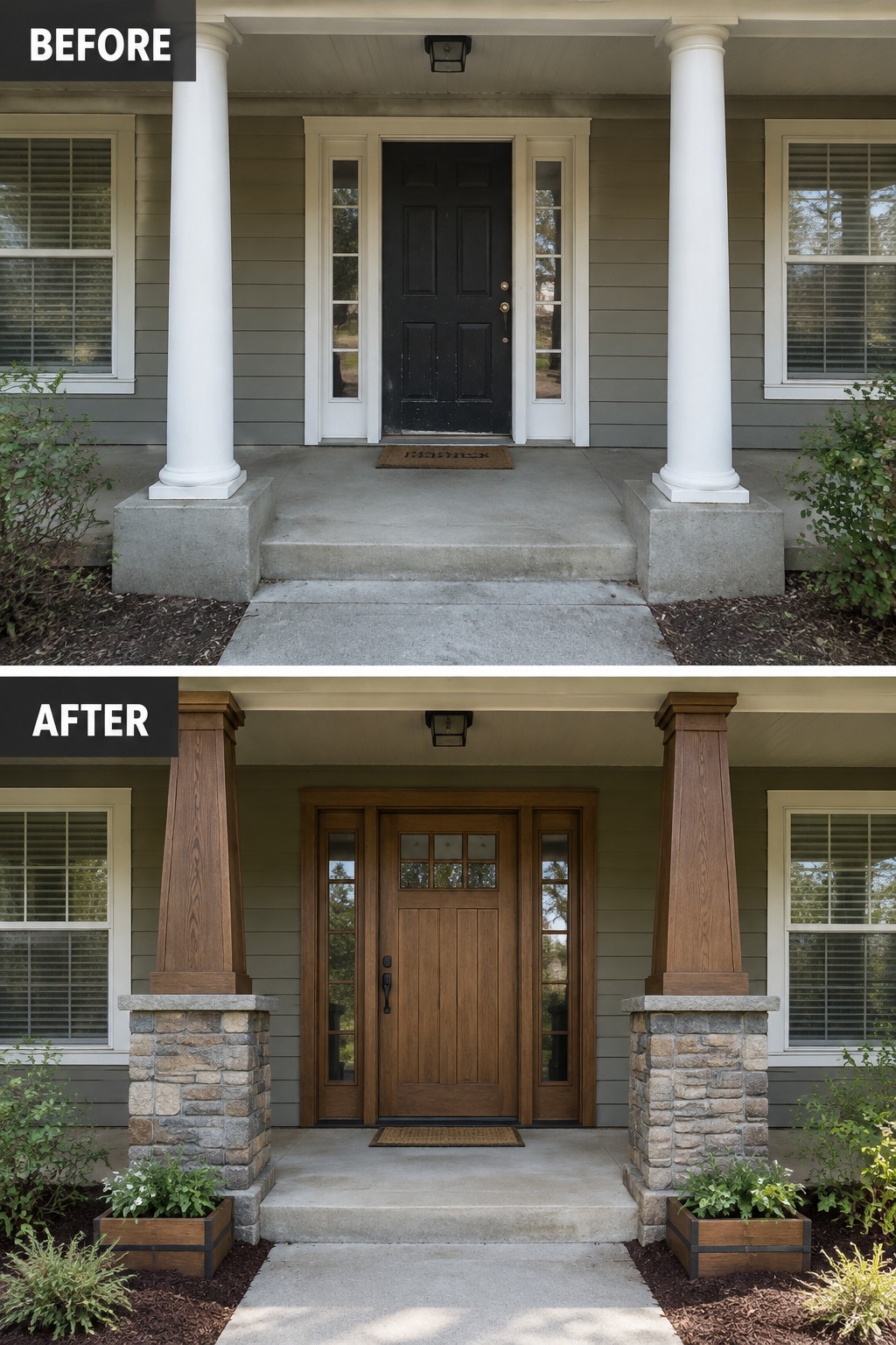 Before-and-after porch with white columns and black door upgraded to wood and stone bases.
