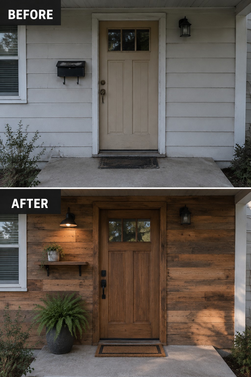 Split image of front door before beige siding and after dark wood renovation with plants