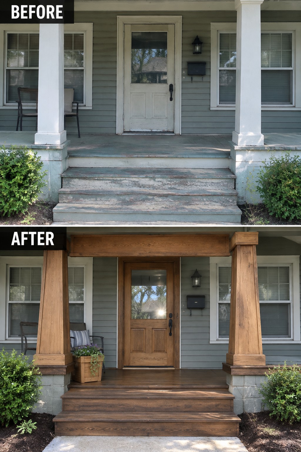 Before-and-after image of a front porch updated with wood columns, a new wood door, and stained wood steps and porch floor.