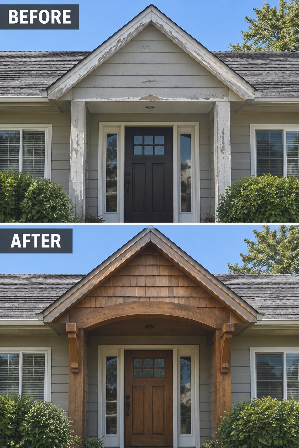 Before and after house entrance with new wooden gable, arch, and brown door.