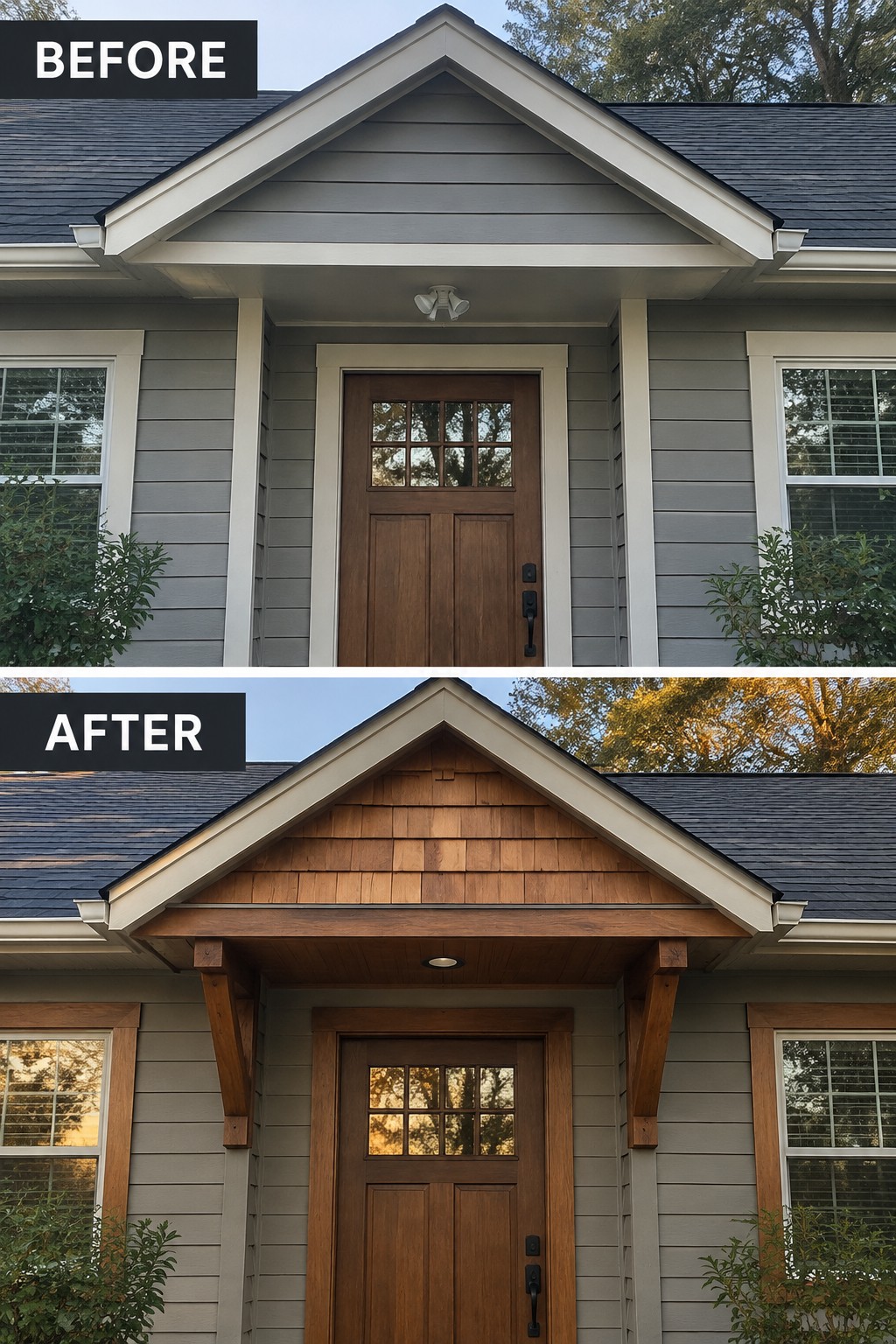 Before and after of gray house entrance upgraded with cedar shake gable and wood brackets.