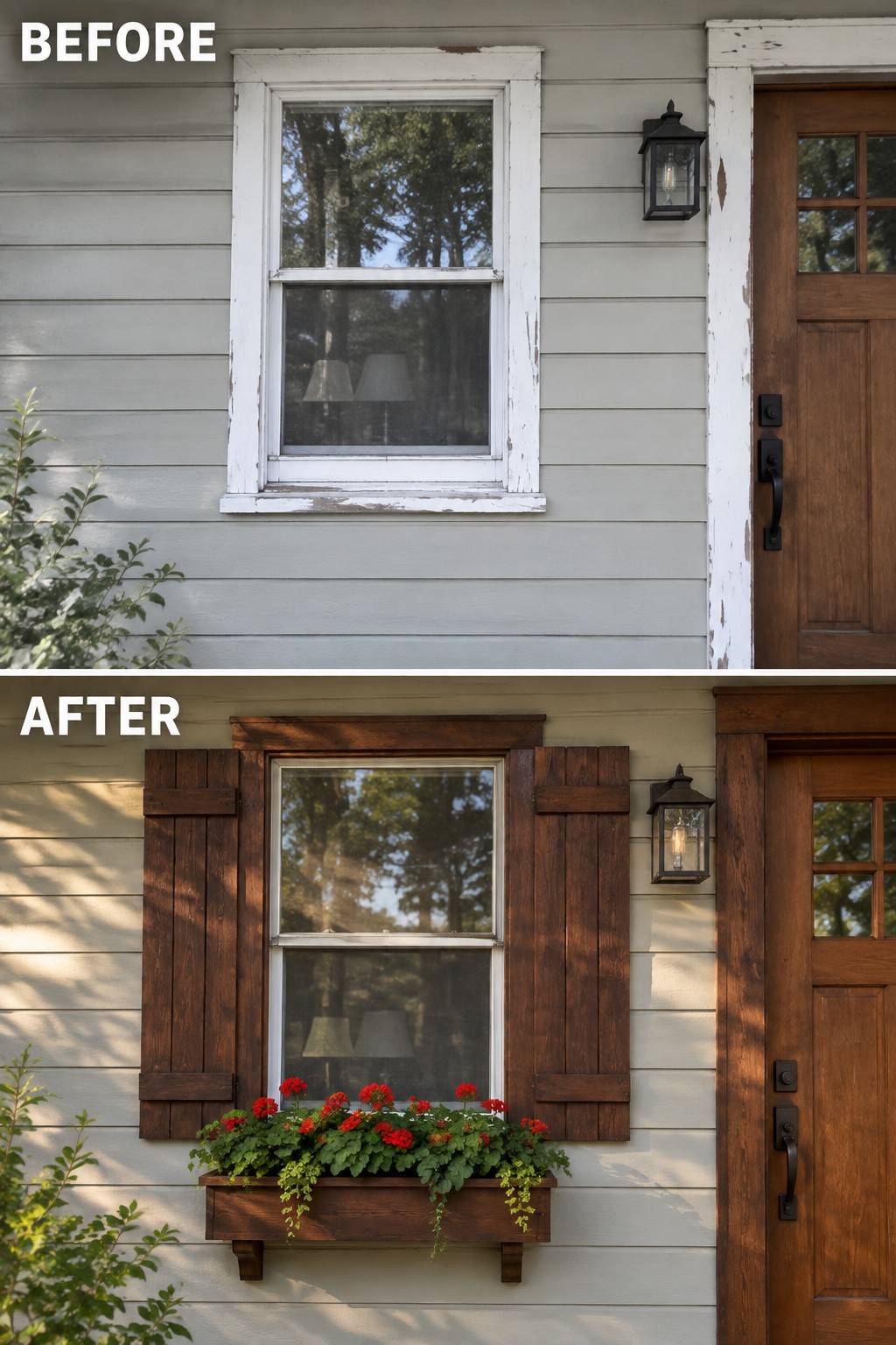 Before-and-after image of a house exterior showing a plain window updated with dark wood shutters and a flower box, positioned beside a matching wood front door.