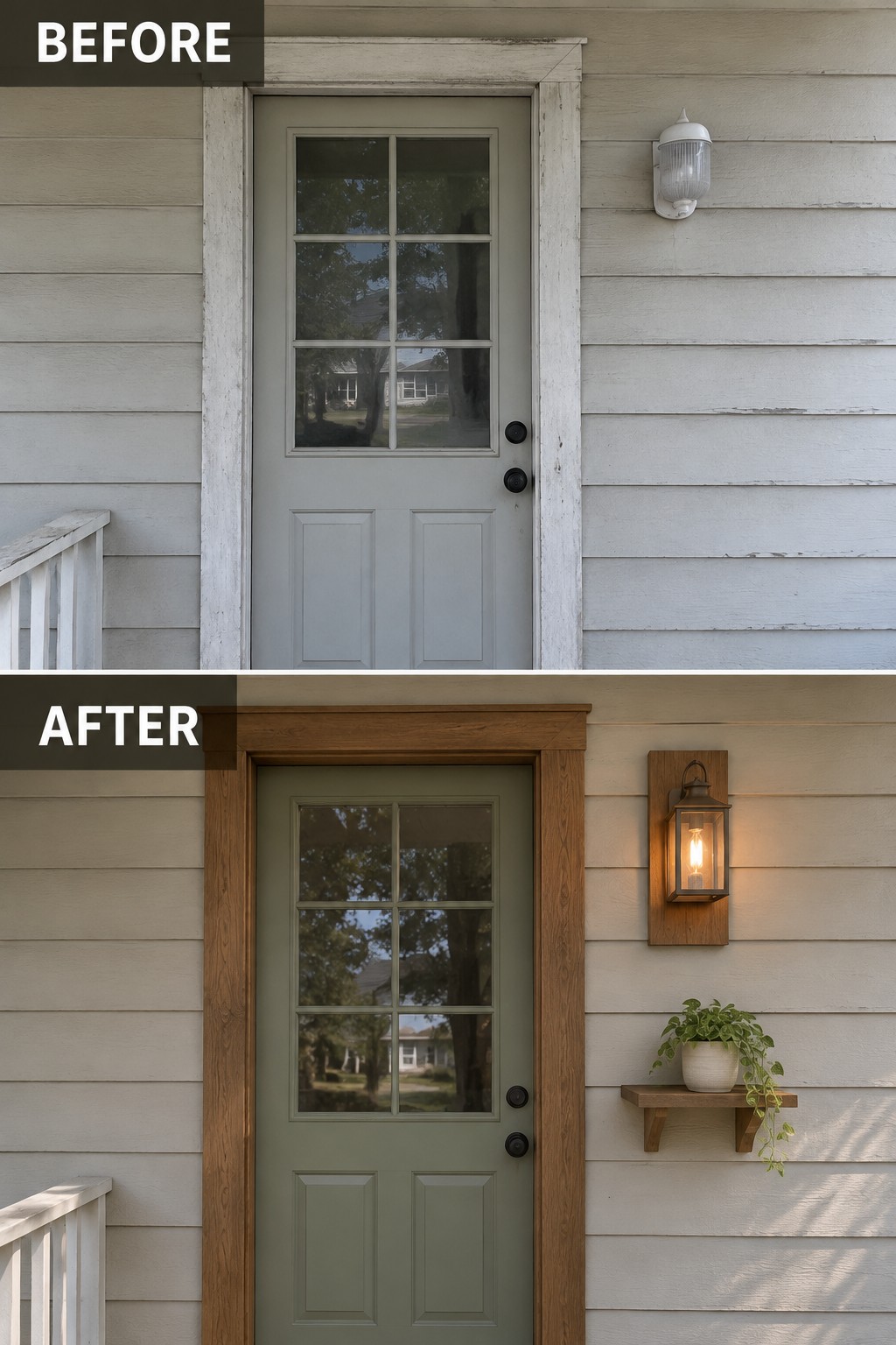 Before and after of green door with new wood trim, lantern light, and plant shelf