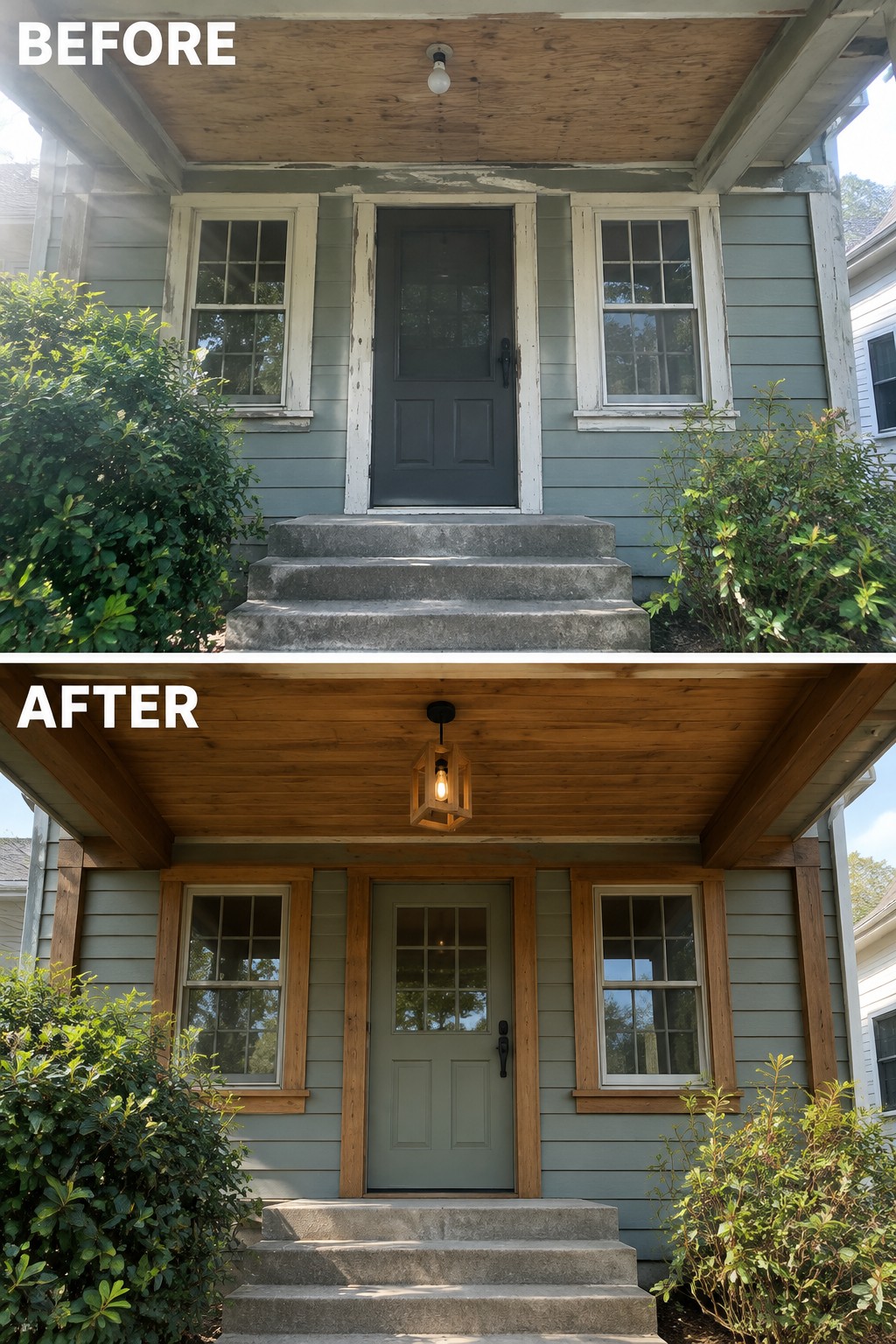 Before-and-after image of a front porch entry with an unfinished ceiling and white trim changed to wood ceiling planks and natural wood trim around the door and windows.