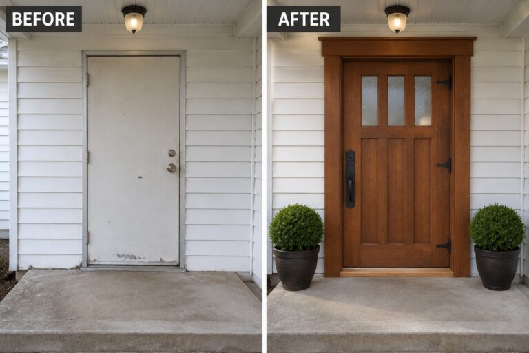 Before and after of white door replaced by wooden door with potted plants.