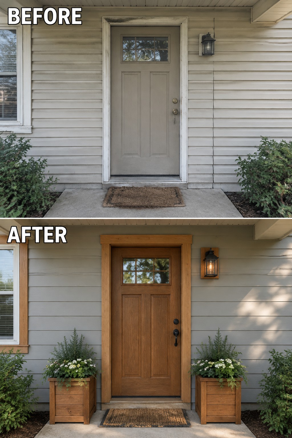 Before-and-after image of a front door updated with wood trim, a new wood door, and flanking wooden planters.