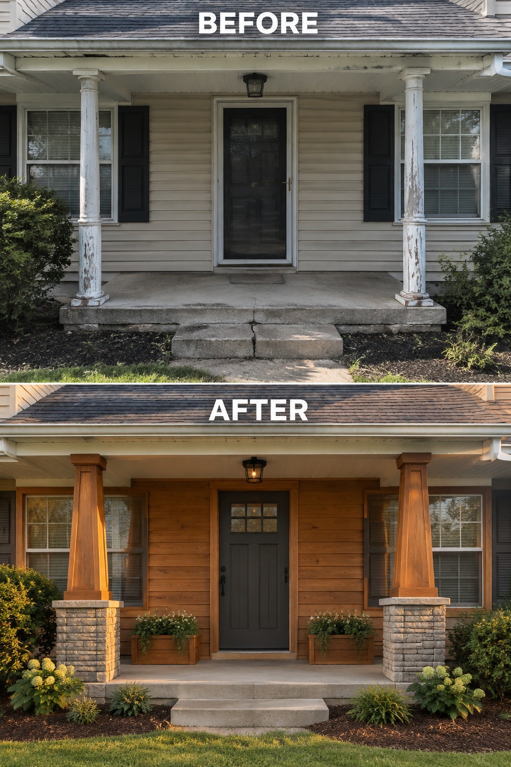 Before and after house porch renovation with new wood columns, dark door, and landscaping