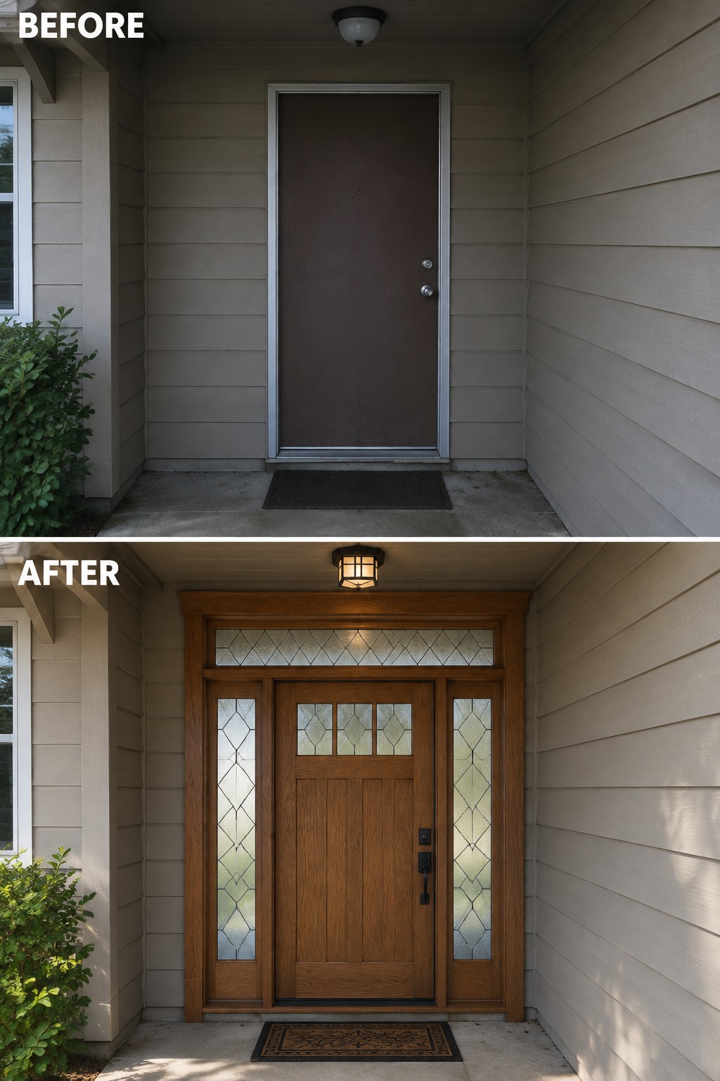 Before and after of plain brown door transformed into ornate wood door with glass panels.