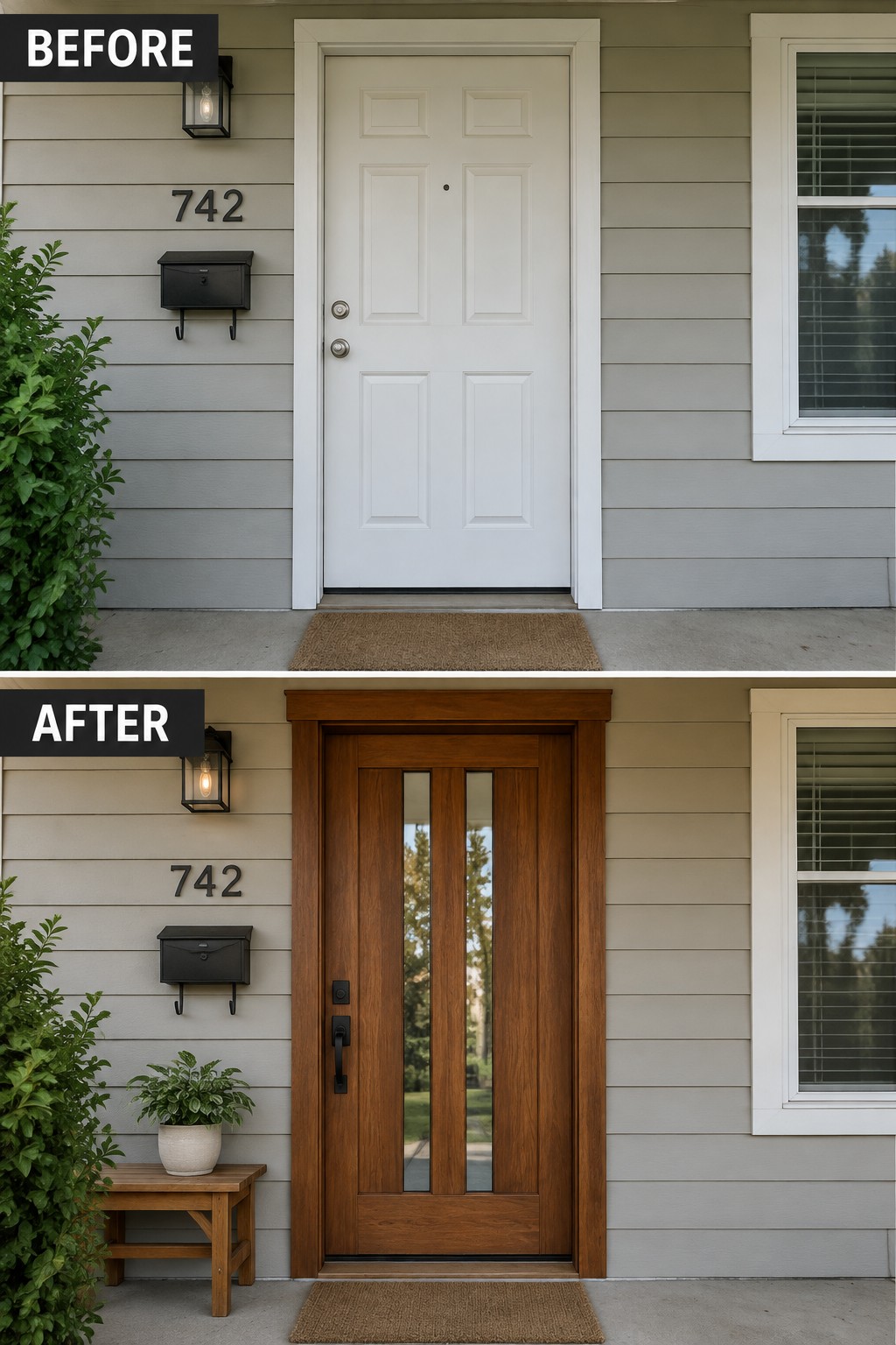 Before and after of house entrance: white door replaced by dark wood door with glass